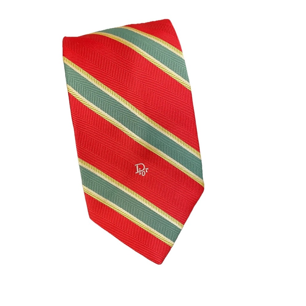 Christian Dior Paris New York Neck Tie Mens Red Gray Striped Pointed Adjustable